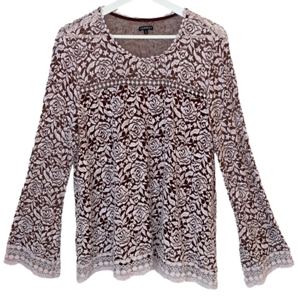 HANNAH Top Bell Sleeve Mesh Chanille Rosette Deep Burgundy Cream Women Size XL